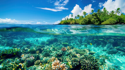 Stunning tropical coral reef underwater paradise with crystal clear turquoise waters and vibrant marine life ecosystem