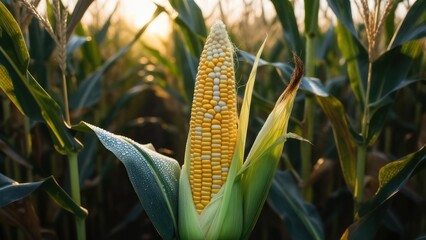 Corn cob in a field at sunset