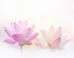 Pastel pink lotus flowers on pale white background, bokeh light. 