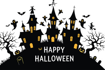 Halloween haunted house illustration, spooky night scene with ghosts, bats, witch on broomstick, pumpkins, skeleton, graveyard, eerie trees, festive design