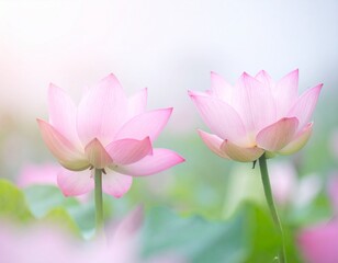 Fototapeta premium Pastel pink lotus flowers on pale white background, bokeh light. 