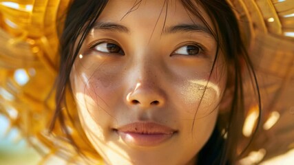 Young woman with straw hat, smiling at camera. Sunlight shining on face. - Powered by Adobe