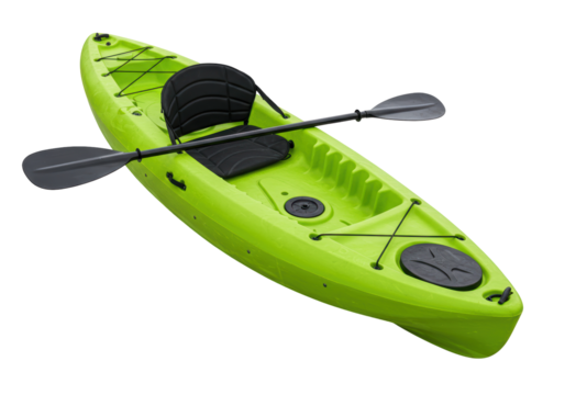 Isolated kiwi-colored kayak and paddle on its side for recreational and sporting usage outdoors