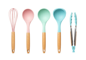 Isolated cooking utensils kitchen set – pink whisk, ladles in green, blue plus pair of tongs