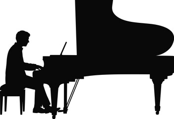 Silhouette of a man playing a grand piano on a white background vector illustration