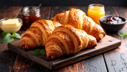 Golden croissants on a wooden board with breakfast items