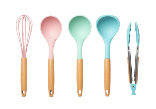Isolated cooking utensils kitchen set – pink whisk, ladles in green, blue plus pair of tongs