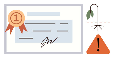 Certificate with a ribbon representing achievement, next to a drooping plant and hazard triangle signifying environmental risks. Ideal for education, sustainability, caution, certification, growth