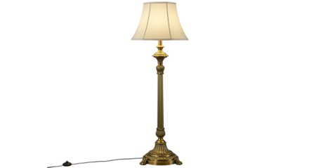 Elegant antique brass floor lamp with a pleated cream lampshade standing tall isolated on white background