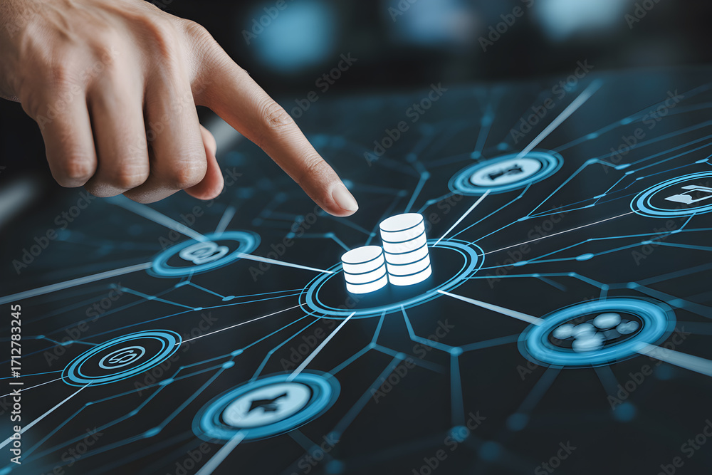 Poster finger interacts with digital interface displaying coins and network connections for financial techn