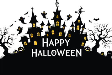 Halloween haunted house illustration, spooky night scene with ghosts, bats, witch on broomstick, skeleton, pumpkins, graveyard, creepy trees, festive design