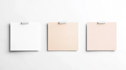 Three square paper notes in soft pastel colors attached to white wall with clips, minimalistic and clean design, suitable for reminders or creative inspiration
