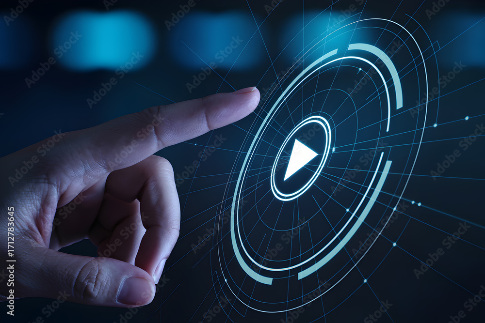Poster finger touches play button on futuristic interface with glowing lines and circles in a digital desig