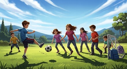 Kids playing soccer outdoor.