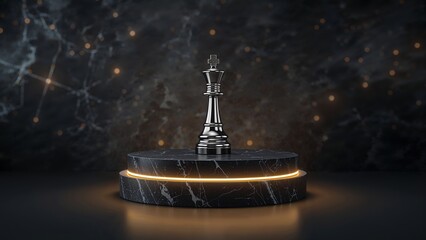 Elegant black chess king on marble pedestal with glowing orange light and abstract dark background