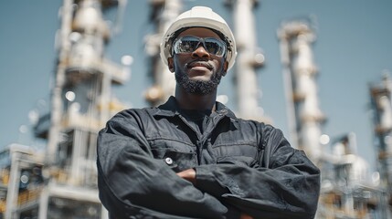 Obraz premium Confident Refinery Worker: Portrait of a Black Male Engineer in Safety Gear Against Industrial Background.