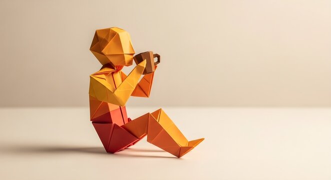 Origami Figure Drinking Tea, Low Poly Style.