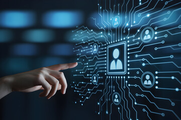 Hand interacts with digital interface displaying user icons and circuit board design in blue tones