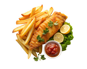 Fish and chips with tartar sauce and lemon wedges, isolated on transparent background