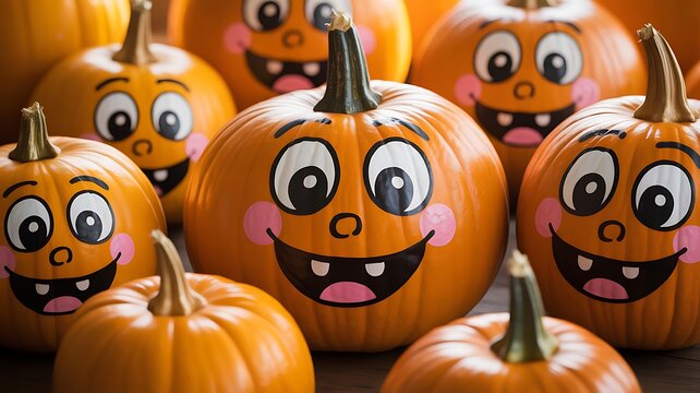 Group of Adorable Pumpkins with Painted Funny Faces