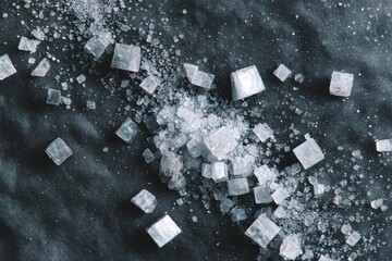 Abstract Close-up of Large and Small Salt Crystals on Dark Surface