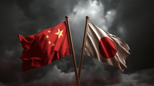 Diplomatic tensions between china and japan global stage flag imagery dramatic environment historical context
