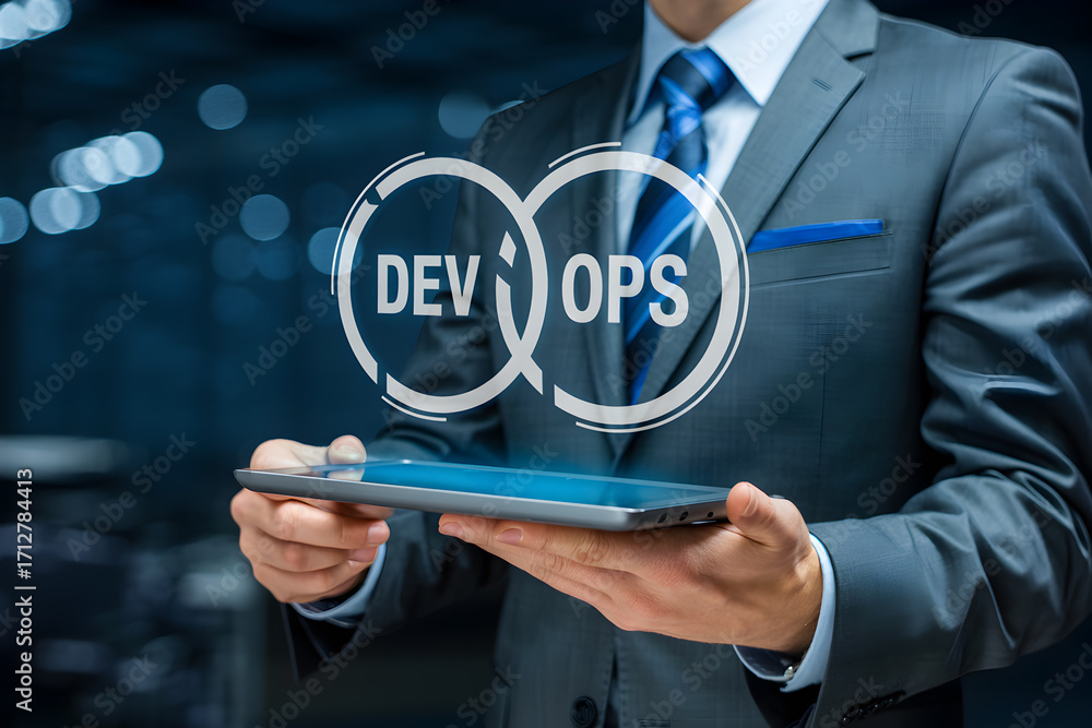 Poster businessman presents devops concept on tablet technology for software development and it operations