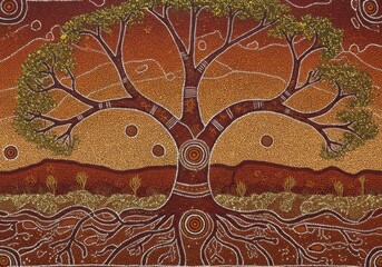 A vibrant depiction of a large tree, its roots intertwined with the earth, and its branches reaching out across a landscape of warm earthy tones.