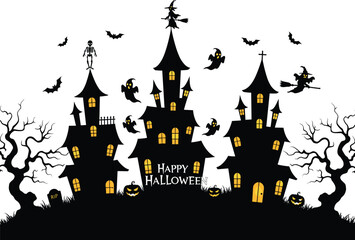 Halloween haunted house illustration, spooky night scene with ghosts, bats, witch on broomstick, skeleton, pumpkins, graveyard, eerie trees, festive design