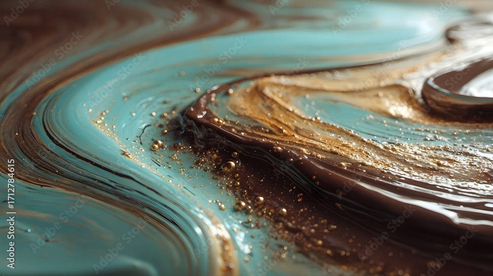 Poster an ic ro view of abstract fluid dynamics where rich dark brown and bright teal liquids intermingle w