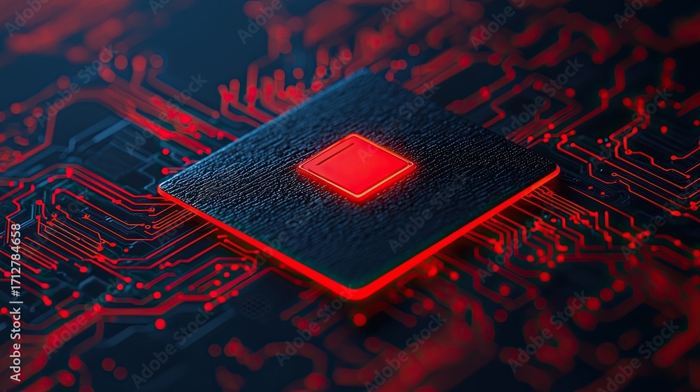 Poster futuristic microchip on circuit board with red lights