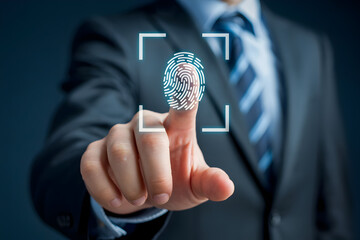 Businessman using fingerprint scan for secure access and biometric identification technology system