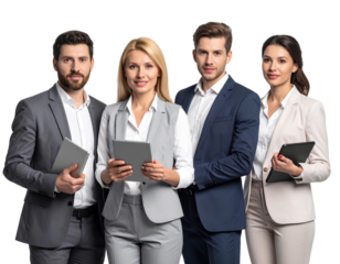 Confident Business Team Holding Tablets on Transparent Background.