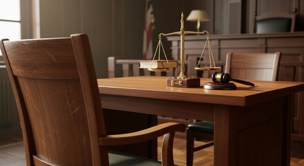 Close-up of empty courtroom chair and balanced scales on desk, justice and law theme.