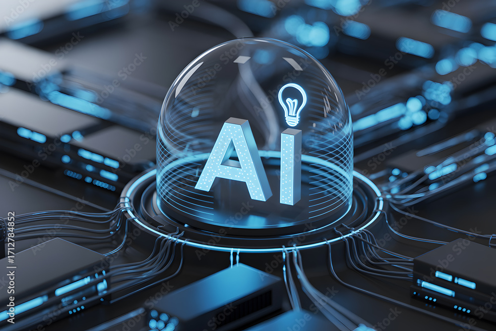 Poster artificial intelligence concept with glowing ai letters and lightbulb inside a glass dome on circuit