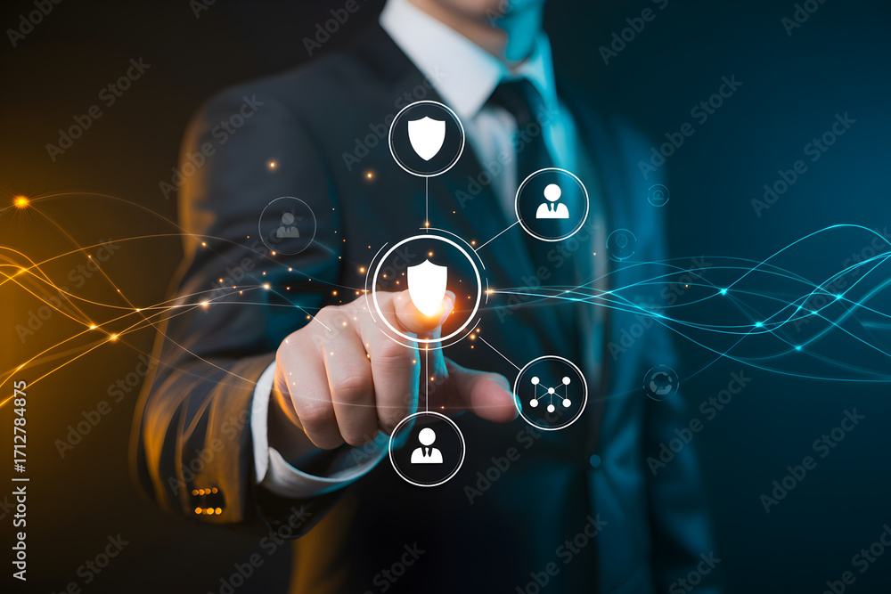 Poster businessman touching digital interface with security shields and network connections for data protec
