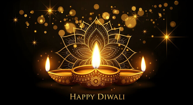 Happy Diwali festival background with traditional oil lamps and sparkling lights. - Powered by Adobe
