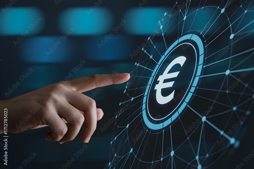 Poster hand interacts with a digital euro currency symbol on a futuristic network interface display screen
