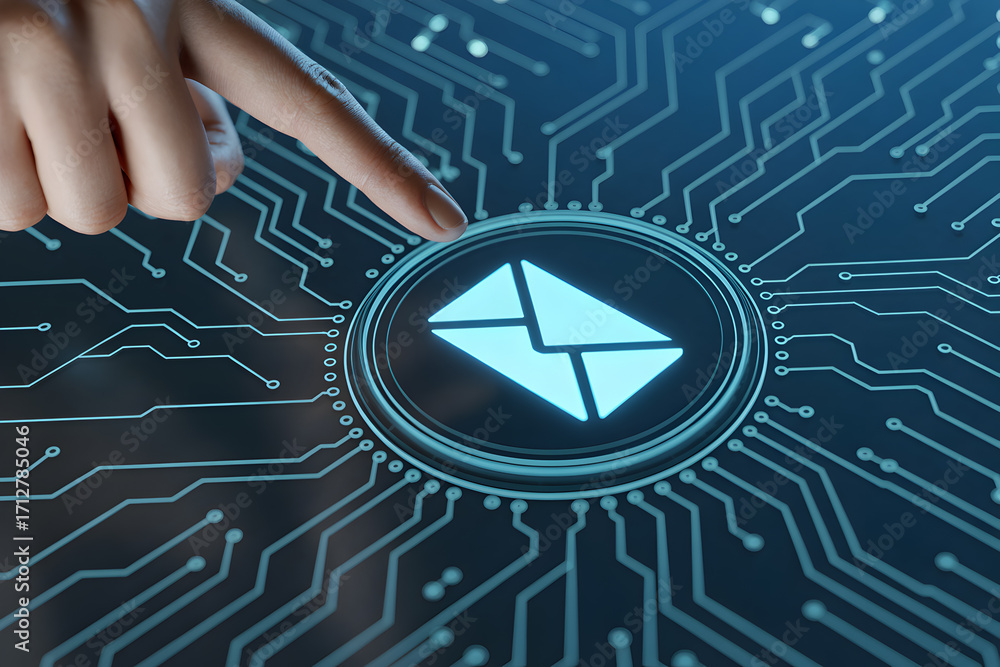 Poster finger presses glowing email icon on a digital circuit board representing modern communication metho