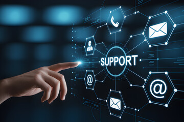 Hand touching a digital support interface with icons representing customer service and communication channels