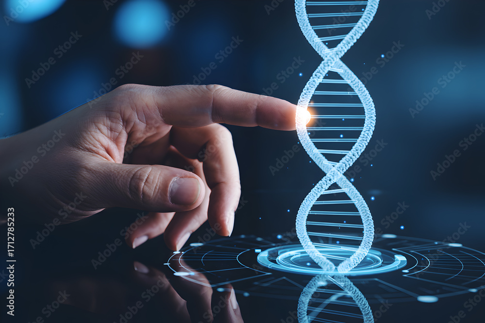Poster hand interacts with a digital dna strand on a futuristic interface for science and technology concep