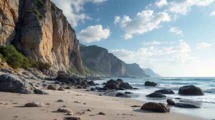 Scenic beach with rocky cliffs and calm waves under a bright sky in a serene coastal setting
