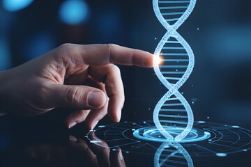 Hand interacts with a digital dna strand on a futuristic interface for science and technology concept
