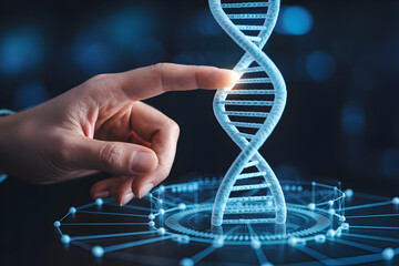 Hand interacts with a digital dna model representing genetics research and scientific innovation