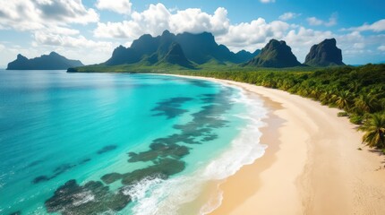 Beautiful tropical beach with turquoise waters and lush mountains in the background during a bright sunny day