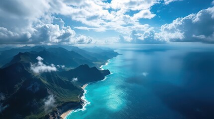 Breathtaking aerial view of rugged coastlines and clear blue waters under a partly cloudy sky at midday