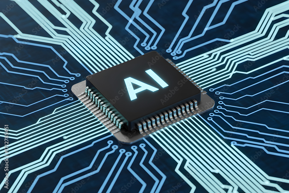 Poster ai microchip on a circuit board represents artificial intelligence and advanced technology solutions