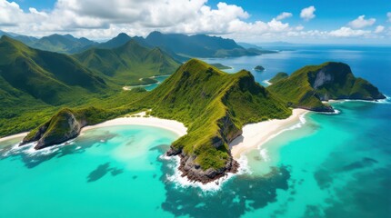 Stunning aerial view of a tropical beach surrounded by lush green hills and clear blue waters