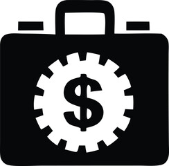 Black briefcase icon with a white gear and dollar sign symbolizing business finance investment and financial services industry growth opportunities