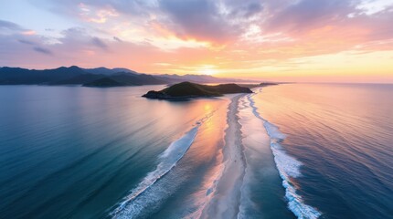 Sunsets over the calm sea reveal a beautiful coastline with gentle waves and scenic islands in the distance